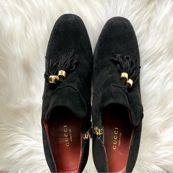 NEW!!! GUCCI Black Booties Suede tassel fringe & Gold embellished zipper boots - Picture 12 of 15
